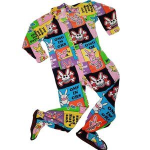 Y2K Happy Bunny Jim Benton Footie Pajamas Womens M Fleece Multicolor One Piece